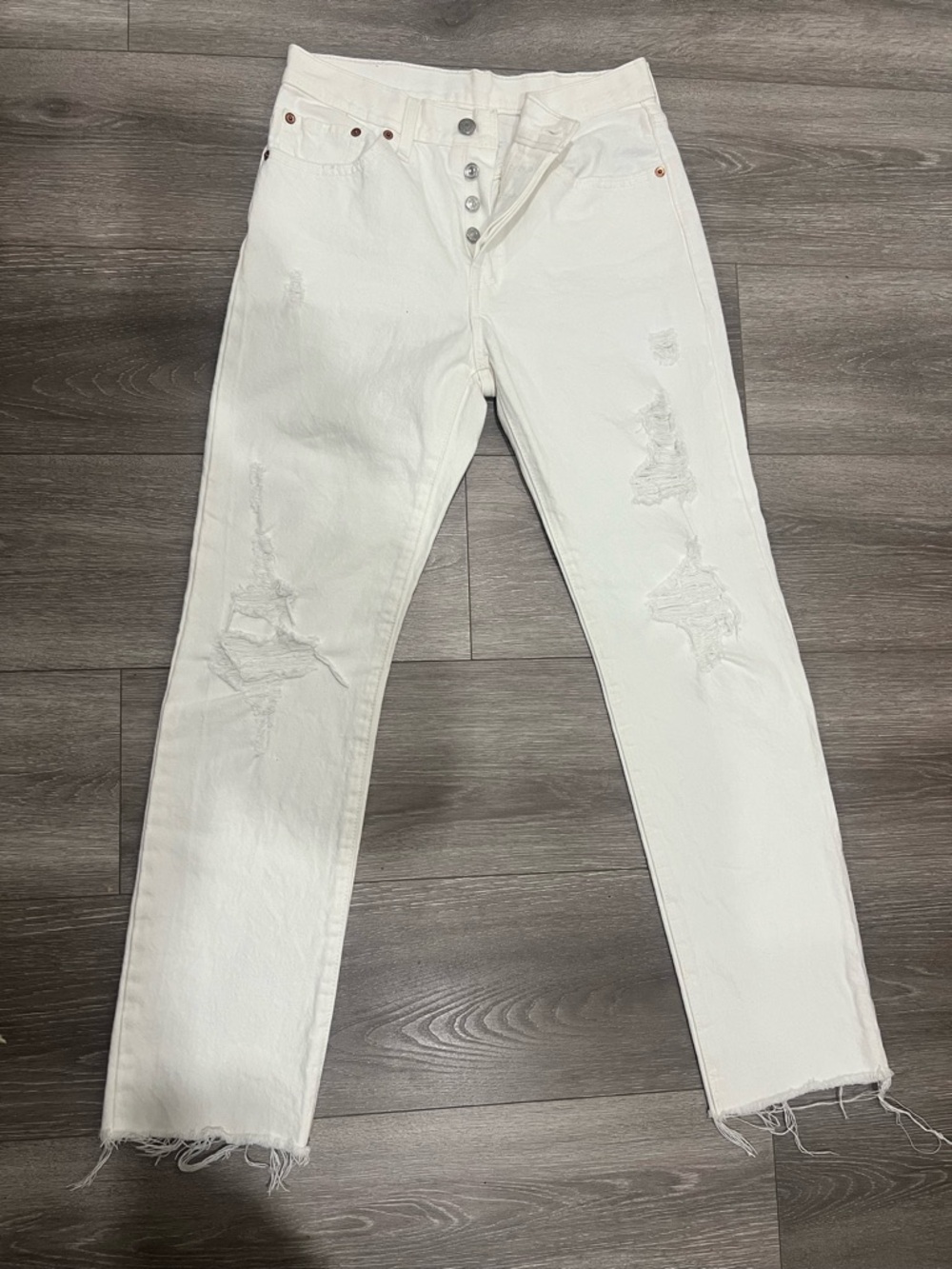 Levi's White Straight-Leg Distressed Jeans with Raw Hem